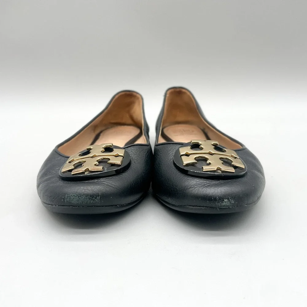 Tory Burch Womens 7 Claire Ballet Flats Black Leather Gold Logo Preppy Office